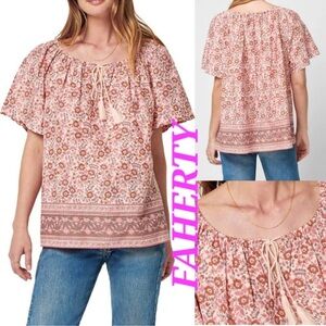 FAHERTY Pink Floral Florence Organic Cotton Short Sleeve Peasant Blouse Size XS